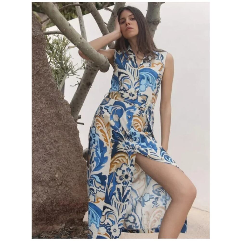 Zara Sleeveless Blue/Gold Floral Dress - Missing Belt Size Small